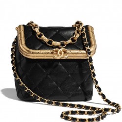 Latest Golden Flap Trimming CC Kiss-lock Chain Top Handle - Fake Chanel Female Black Quilted Leather Small Bag