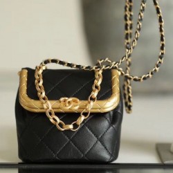 Latest Golden Flap Trimming CC Kiss-lock Chain Top Handle - Fake Chanel Female Black Quilted Leather Small Bag