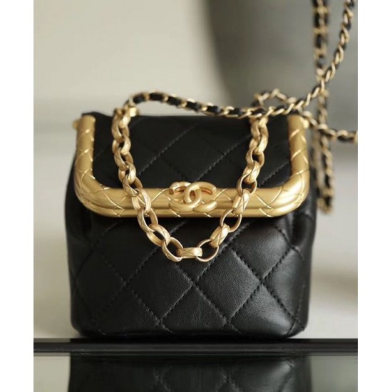 Latest Golden Flap Trimming CC Kiss-lock Chain Top Handle - Fake Chanel Female Black Quilted Leather Small Bag