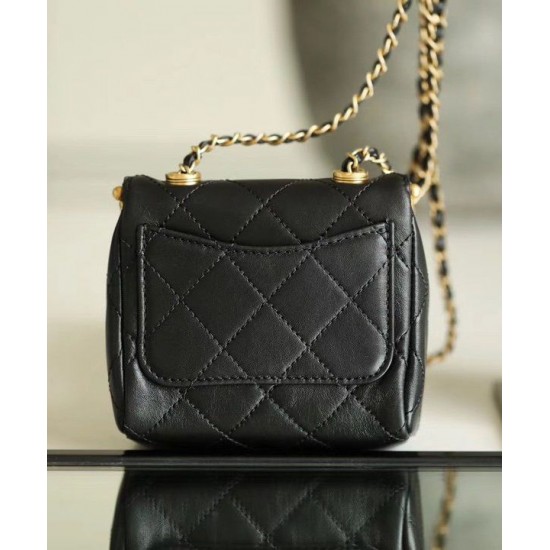 Latest Golden Flap Trimming CC Kiss-lock Chain Top Handle - Fake Chanel Female Black Quilted Leather Small Bag