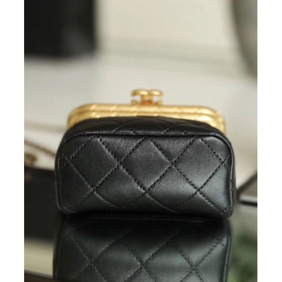 Latest Golden Flap Trimming CC Kiss-lock Chain Top Handle - Fake Chanel Female Black Quilted Leather Small Bag