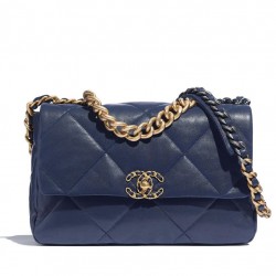 Chic Navy Blue Quilted Rhombus Motif CC Logo Turn-lock Buckle - Faux Chanel 19 Large Two-tone Chain Ladies Flap Bag 30CM