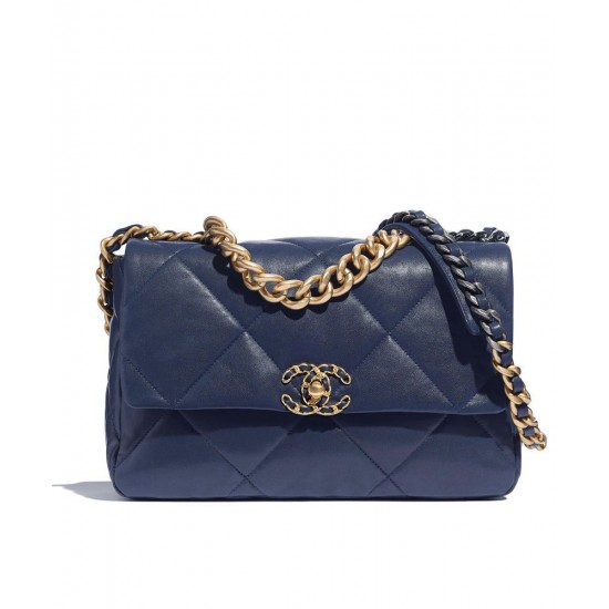 Chic Navy Blue Quilted Rhombus Motif CC Logo Turn-lock Buckle - Faux Chanel 19 Large Two-tone Chain Ladies Flap Bag 30CM