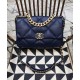 Chic Navy Blue Quilted Rhombus Motif CC Logo Turn-lock Buckle - Faux Chanel 19 Large Two-tone Chain Ladies Flap Bag 30CM