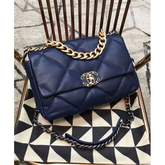 Chic Navy Blue Quilted Rhombus Motif CC Logo Turn-lock Buckle - Faux Chanel 19 Large Two-tone Chain Ladies Flap Bag 30CM