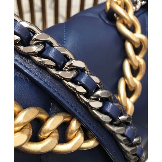 Chic Navy Blue Quilted Rhombus Motif CC Logo Turn-lock Buckle - Faux Chanel 19 Large Two-tone Chain Ladies Flap Bag 30CM