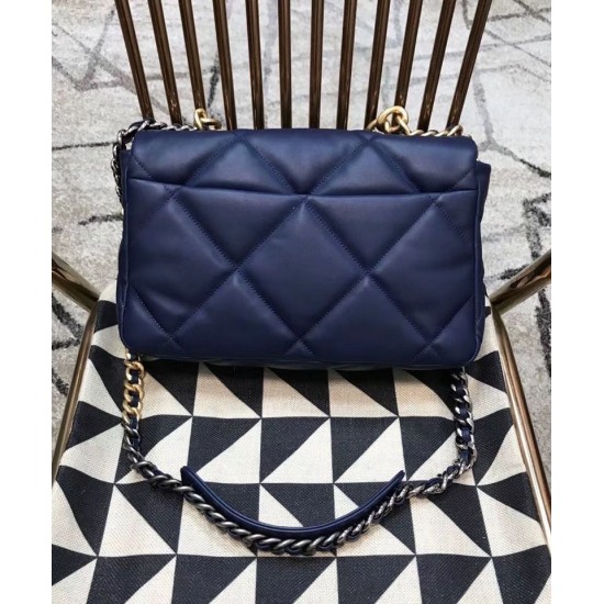 Chic Navy Blue Quilted Rhombus Motif CC Logo Turn-lock Buckle - Faux Chanel 19 Large Two-tone Chain Ladies Flap Bag 30CM