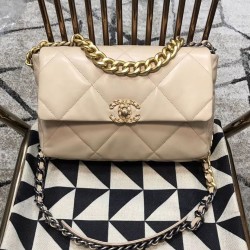 Sweet Style Cream Quilted Leather Silver & Brass Chain Shoulder Strap Fashion Trun Lock - Imitation Women's Chanel 19 CC Logo Flap Bag