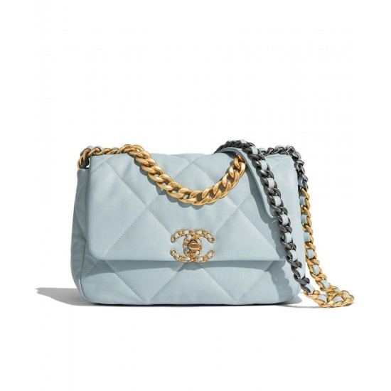 Hot Selling Dimond-type Lattice Light Blue Leather Flap Bag - Fake Chanel 19 Brass & Silver Chain Turn Lock Crossbody Bag