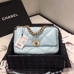 Hot Selling Dimond-type Lattice Light Blue Leather Flap Bag - Fake Chanel 19 Brass & Silver Chain Turn Lock Crossbody Bag