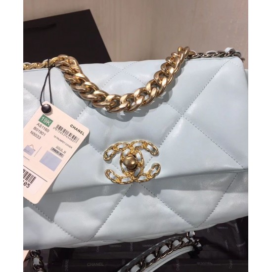 Hot Selling Dimond-type Lattice Light Blue Leather Flap Bag - Fake Chanel 19 Brass & Silver Chain Turn Lock Crossbody Bag