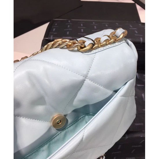 Hot Selling Dimond-type Lattice Light Blue Leather Flap Bag - Fake Chanel 19 Brass & Silver Chain Turn Lock Crossbody Bag