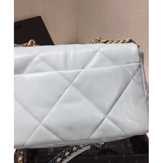 Hot Selling Dimond-type Lattice Light Blue Leather Flap Bag - Fake Chanel 19 Brass & Silver Chain Turn Lock Crossbody Bag