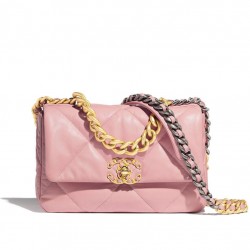 Sweet Style Gold Silver-Tone & Ruthenium-Finish Metal Chain Pink Goatskin Leather Double C Turn Lock - Fake Chanel 19 Rhombus Quilted Flap Bag