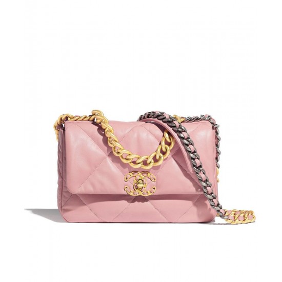 Sweet Style Gold Silver-Tone & Ruthenium-Finish Metal Chain Pink Goatskin Leather Double C Turn Lock - Fake Chanel 19 Rhombus Quilted Flap Bag