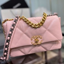 Sweet Style Gold Silver-Tone & Ruthenium-Finish Metal Chain Pink Goatskin Leather Double C Turn Lock - Fake Chanel 19 Rhombus Quilted Flap Bag