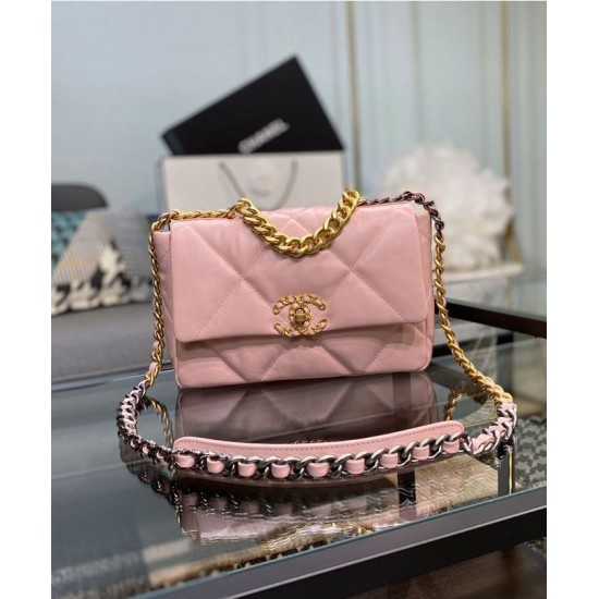 Sweet Style Gold Silver-Tone & Ruthenium-Finish Metal Chain Pink Goatskin Leather Double C Turn Lock - Fake Chanel 19 Rhombus Quilted Flap Bag