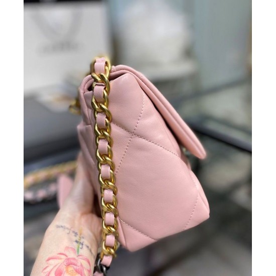 Sweet Style Gold Silver-Tone & Ruthenium-Finish Metal Chain Pink Goatskin Leather Double C Turn Lock - Fake Chanel 19 Rhombus Quilted Flap Bag