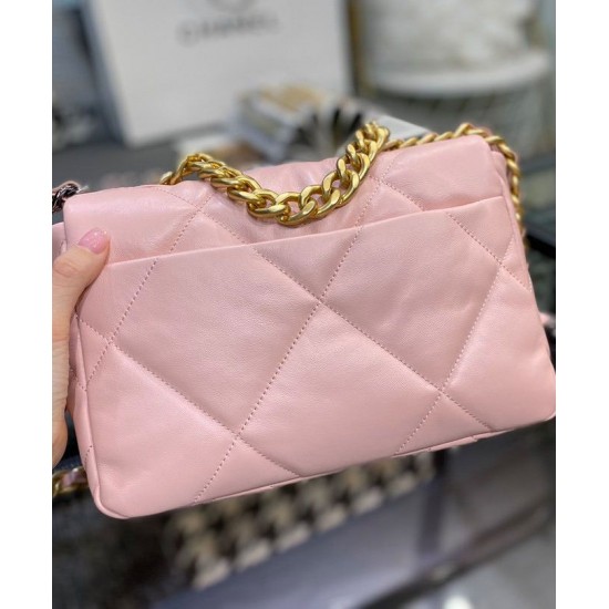 Sweet Style Gold Silver-Tone & Ruthenium-Finish Metal Chain Pink Goatskin Leather Double C Turn Lock - Fake Chanel 19 Rhombus Quilted Flap Bag