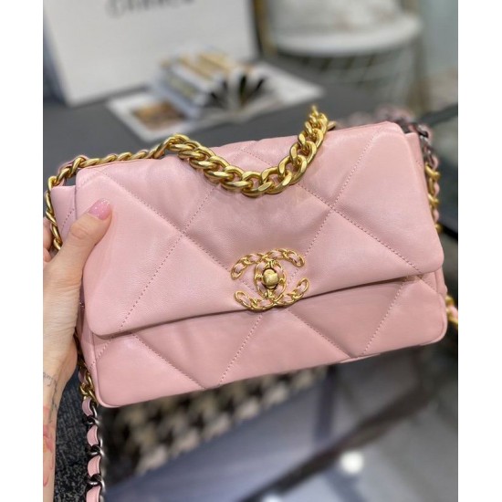 Sweet Style Gold Silver-Tone & Ruthenium-Finish Metal Chain Pink Goatskin Leather Double C Turn Lock - Fake Chanel 19 Rhombus Quilted Flap Bag