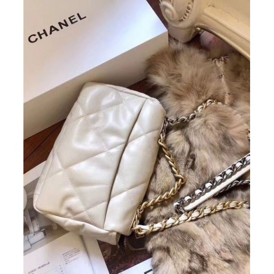 Copy Chanel 19 Rhombus Quilted Motif Brass Link Top Handle Women's White Goatskin Leather Flap Bag Fashion Medium Crossbody Bag