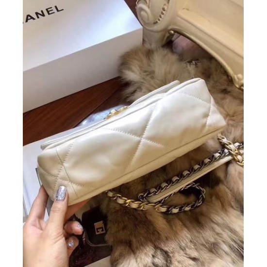 Copy Chanel 19 Rhombus Quilted Motif Brass Link Top Handle Women's White Goatskin Leather Flap Bag Fashion Medium Crossbody Bag