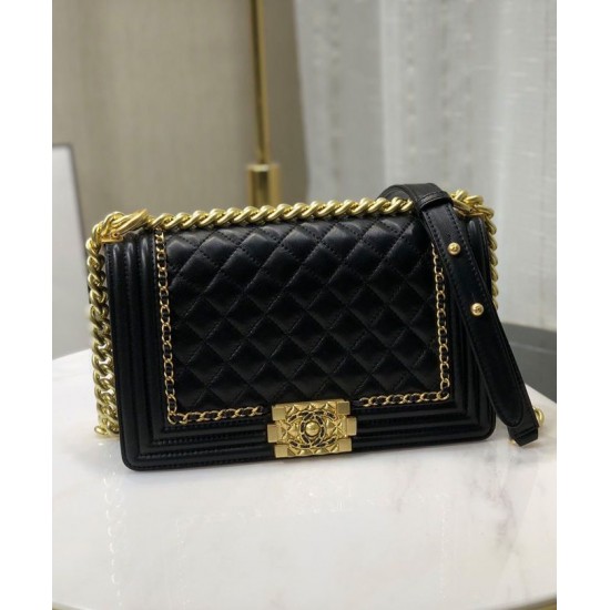 Low Price Brass Top Handle Link Chain Charming Classic Double C Logo Push Lock - Faux Chanel Women's Black Quilted Leather Medium Boy Bag