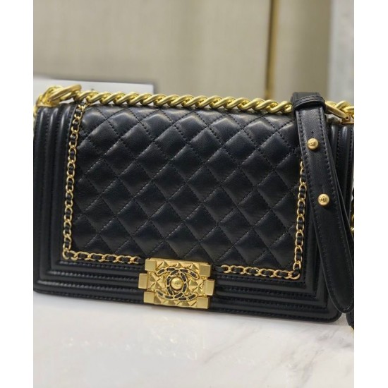 Low Price Brass Top Handle Link Chain Charming Classic Double C Logo Push Lock - Faux Chanel Women's Black Quilted Leather Medium Boy Bag