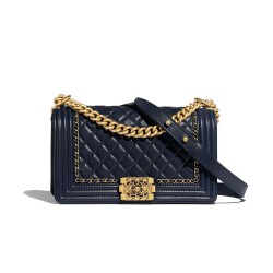 High End Chain & Leather Knitted Trimming CC Logo Push Lock Boy Bag - Replica Chanel Navy Blue Quilted Leather Flap Bag For Ladies