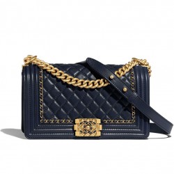 High End Chain & Leather Knitted Trimming CC Logo Push Lock Boy Bag - Replica Chanel Navy Blue Quilted Leather Flap Bag For Ladies