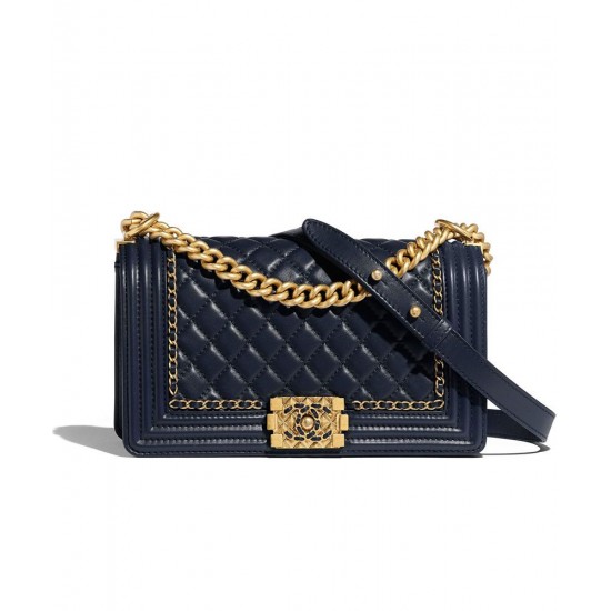 High End Chain & Leather Knitted Trimming CC Logo Push Lock Boy Bag - Replica Chanel Navy Blue Quilted Leather Flap Bag For Ladies