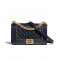 High End Chain & Leather Knitted Trimming CC Logo Push Lock Boy Bag - Replica Chanel Navy Blue Quilted Leather Flap Bag For Ladies