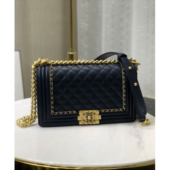 High End Chain & Leather Knitted Trimming CC Logo Push Lock Boy Bag - Replica Chanel Navy Blue Quilted Leather Flap Bag For Ladies