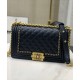 High End Chain & Leather Knitted Trimming CC Logo Push Lock Boy Bag - Replica Chanel Navy Blue Quilted Leather Flap Bag For Ladies