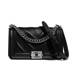 Fashion Design Black Chevron Lambskin Leather Silver Tone Meatal Boy Medium Boy Bag - Imitation Chanel Chain Bag Foor Ladies