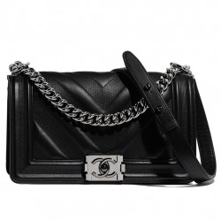 Fashion Design Black Chevron Lambskin Leather Silver Tone Meatal Boy Medium Boy Bag - Imitation Chanel Chain Bag Foor Ladies