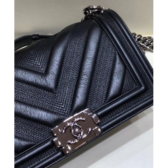 Fashion Design Black Chevron Lambskin Leather Silver Tone Meatal Boy Medium Boy Bag - Imitation Chanel Chain Bag Foor Ladies