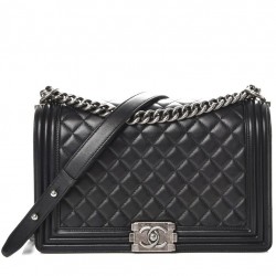 Hot Selling Black Quilted Leather Stripe Trimming Silver Chian CC Lock - Fake Chanel Medium Boy Bag Women's Flap Bag