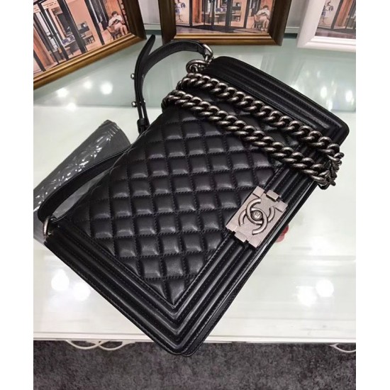 Hot Selling Black Quilted Leather Stripe Trimming Silver Chian CC Lock - Fake Chanel Medium Boy Bag Women's Flap Bag