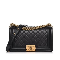 Faux Chanel Diamon Type Lattice Brass Top Handle CC Push Lock Black Lambskin Leather Medoium Boy Bag For Ladies