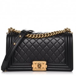 Faux Chanel Diamon Type Lattice Brass Top Handle CC Push Lock Black Lambskin Leather Medoium Boy Bag For Ladies