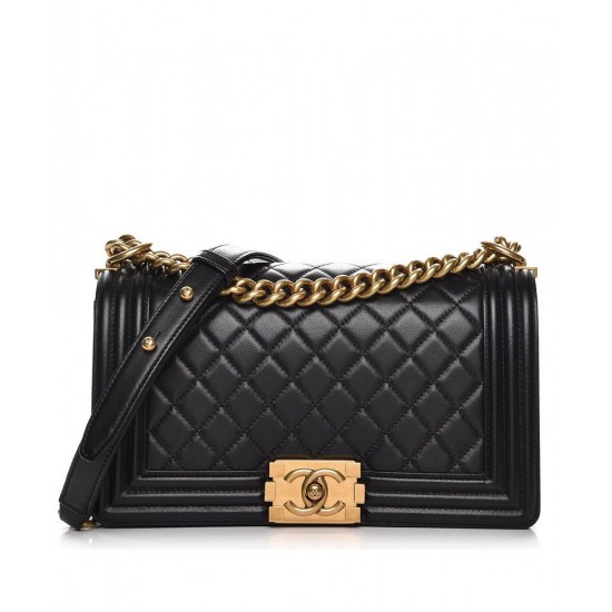 Faux Chanel Diamon Type Lattice Brass Top Handle CC Push Lock Black Lambskin Leather Medoium Boy Bag For Ladies