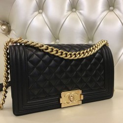 Faux Chanel Diamon Type Lattice Brass Top Handle CC Push Lock Black Lambskin Leather Medoium Boy Bag For Ladies