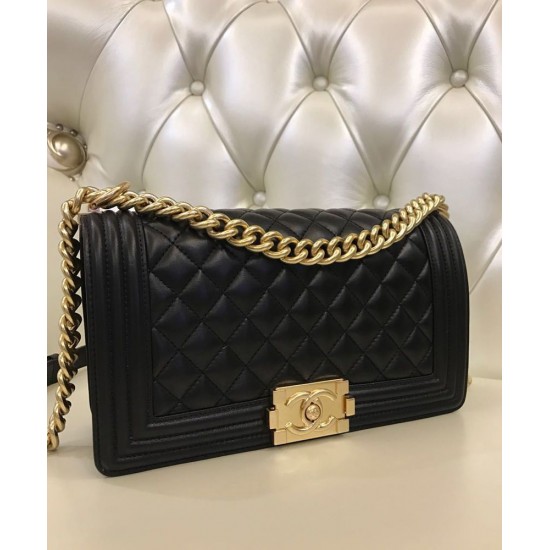 Faux Chanel Diamon Type Lattice Brass Top Handle CC Push Lock Black Lambskin Leather Medoium Boy Bag For Ladies