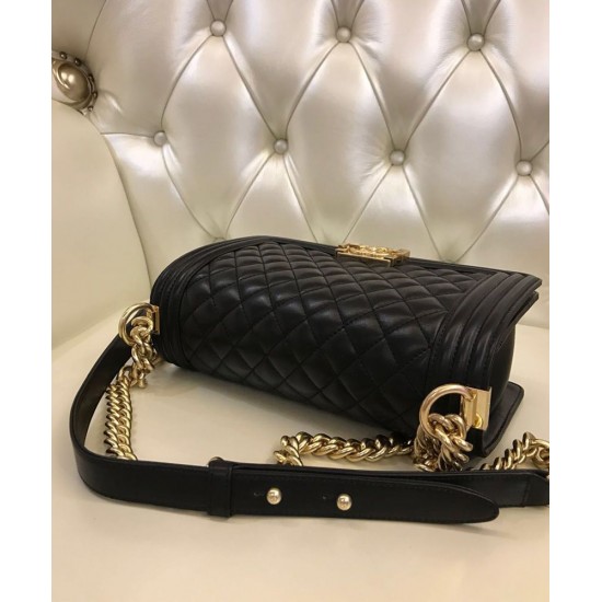 Faux Chanel Diamon Type Lattice Brass Top Handle CC Push Lock Black Lambskin Leather Medoium Boy Bag For Ladies