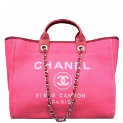 Popular Large Deauville Pink Canvas White Logo Pattern Shopping Bag - Copy Chanel Silver Chain Women's City Bag