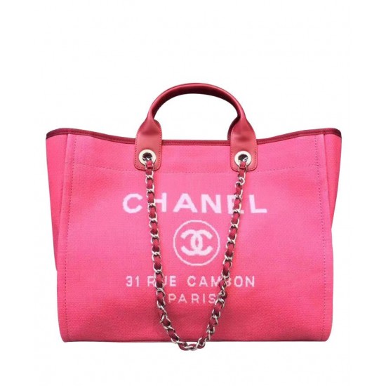 Popular Large Deauville Pink Canvas White Logo Pattern Shopping Bag - Copy Chanel Silver Chain Women's City Bag