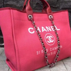 Popular Large Deauville Pink Canvas White Logo Pattern Shopping Bag - Copy Chanel Silver Chain Women's City Bag