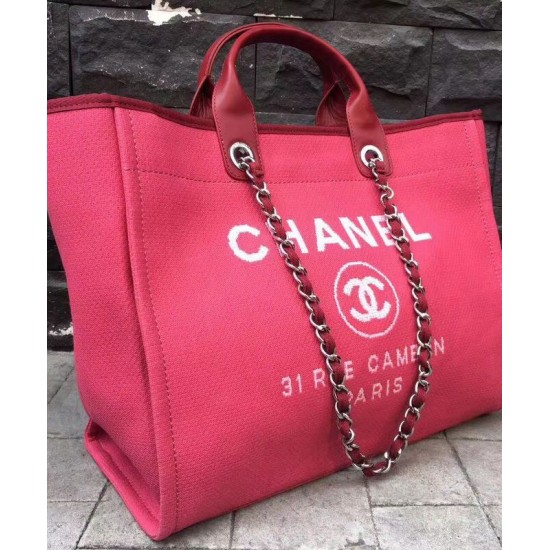 Popular Large Deauville Pink Canvas White Logo Pattern Shopping Bag - Copy Chanel Silver Chain Women's City Bag