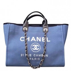 Low Price White Brand Logo Printing Navy Leather Top Handle Silver Chain Shopping Bag - Imitation Chanel Large Deauville Blue Canvas Tote Bag